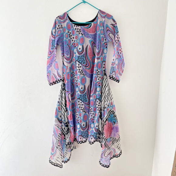 Y2K Psychedelic Boho Dress Handkerchief Hem Abstract Print Fairycore Festival M - Picture 1 of 6
